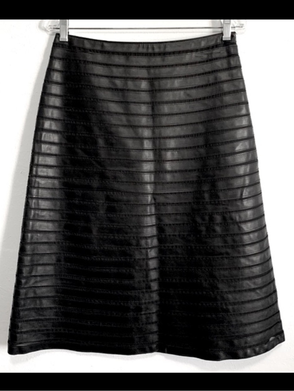 C. Luce Black Faux Leather Contrasting Stripes A-Line Skirt